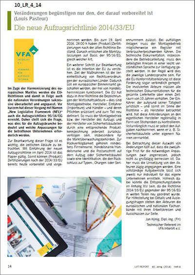 Die neue Aufzugsrichtlinie 2014/33/EU, Lift Report 04/2014