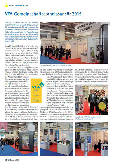 VFA-Gemeinschaftsstand asansör 2015, Lift Journal, 03/2015